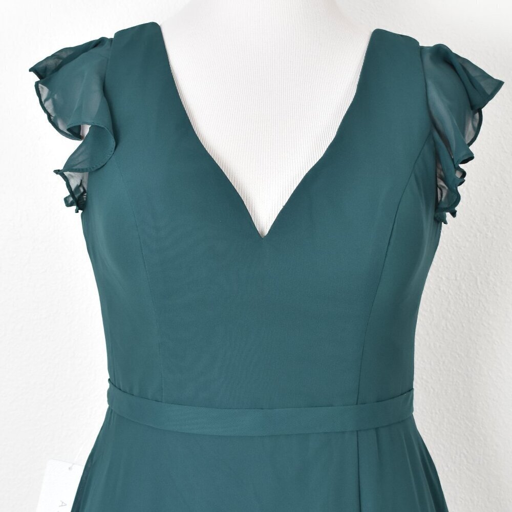 Azazie CLAUDINE Pine A-Line Flutter Sleeve Chiffon Dress NEW - 12 - Picture 3 of 11
